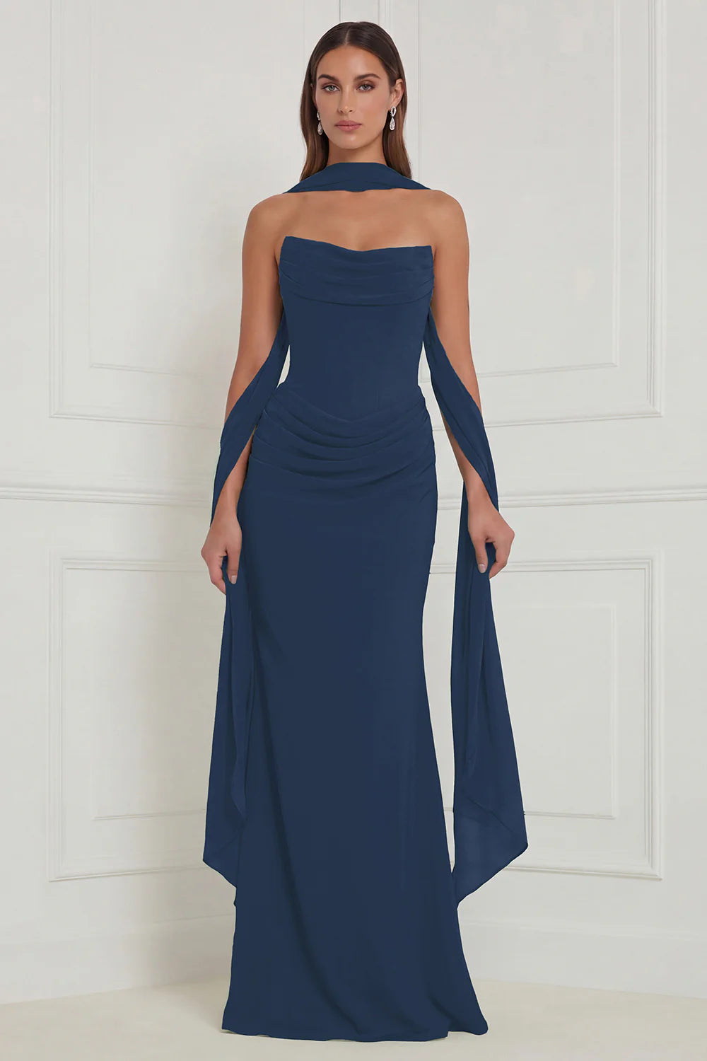Strapless Ruched Sage Bridesmaid Dress with Scarf