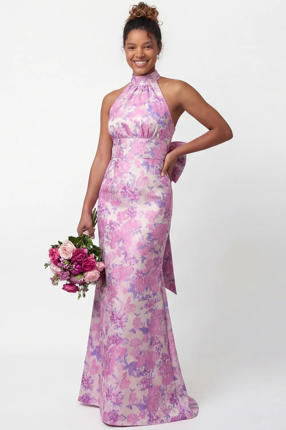 Halter Lilac Flower Mermaid Printed Long Bridesmaid Dress with Bow