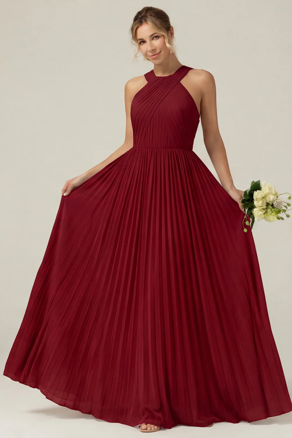 Dusty Sage A Line Halter Pleated Long Bridesmaid Dress