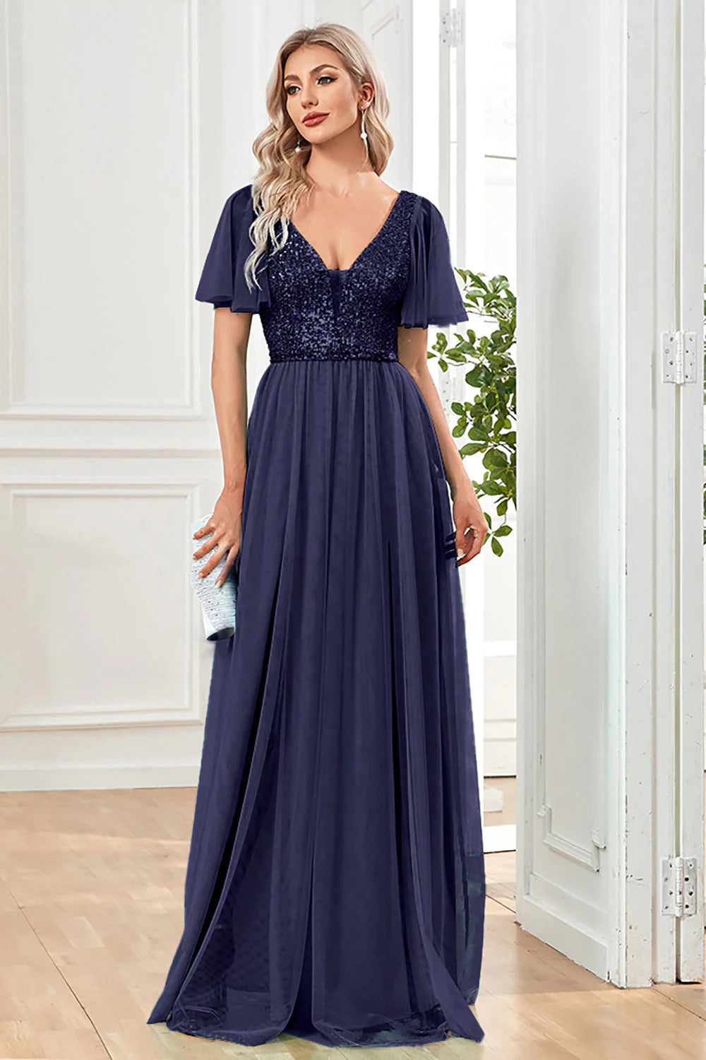 Black A Line V Neck Long Prom Dress with Sequins