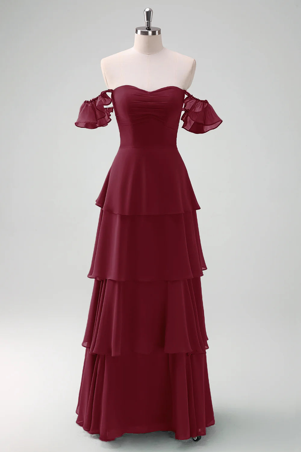 A Line Off The Shoulder Tiered Long Bridesmaid Dress with Ruffles