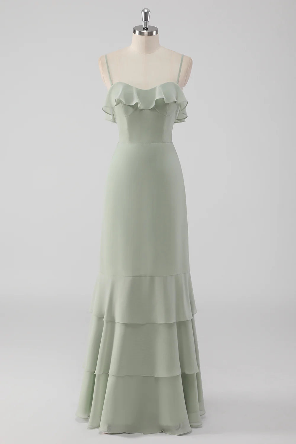 Dusty Sage Sheath Spaghetti Straps Pleated Long Bridesmaid Dress with Lace Up Back