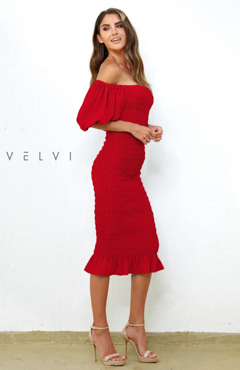 Skyla Shirred Midi Dress RED