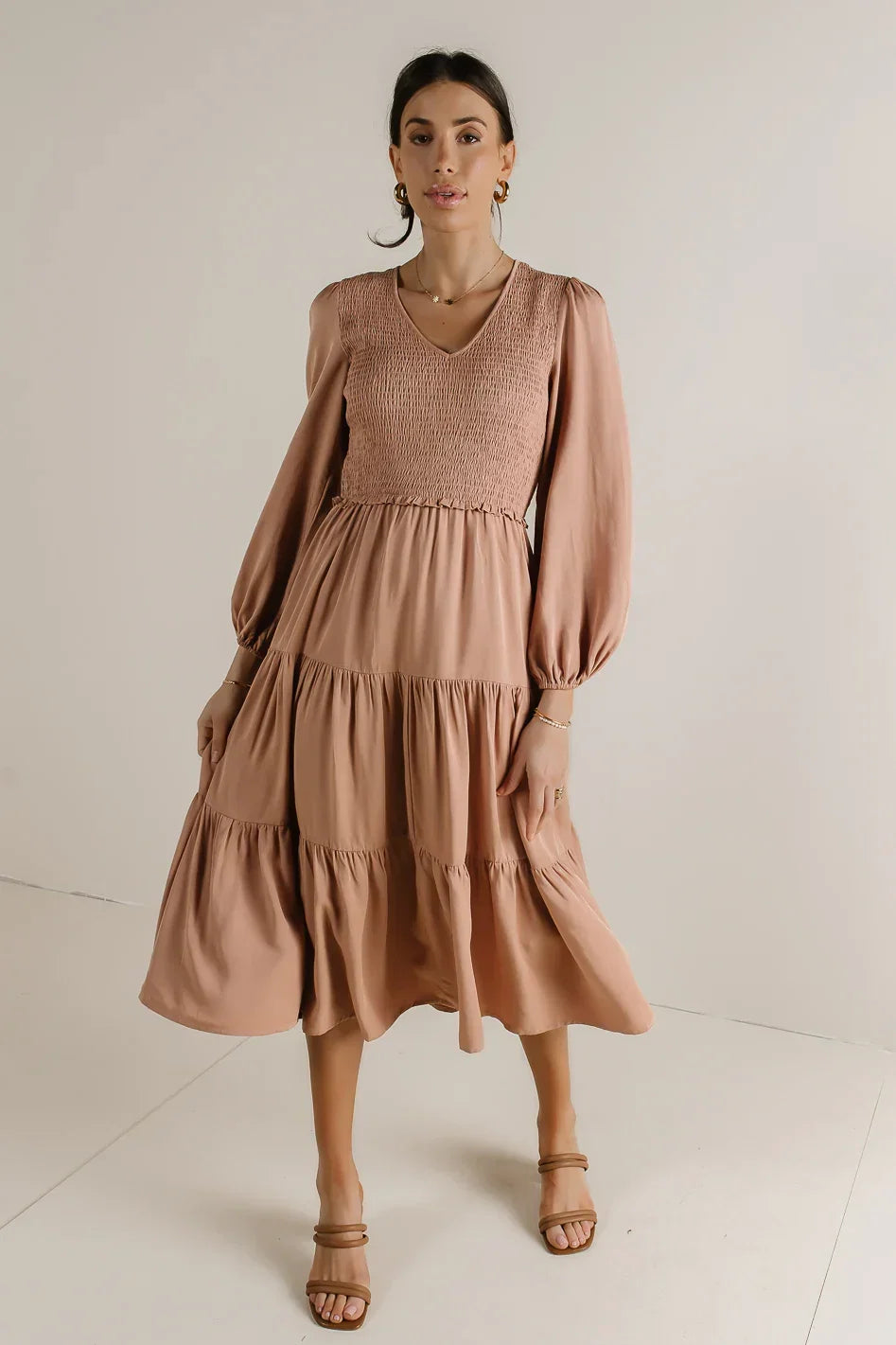 Smocked Tiered Midi Dress in Pink FINAL SALE