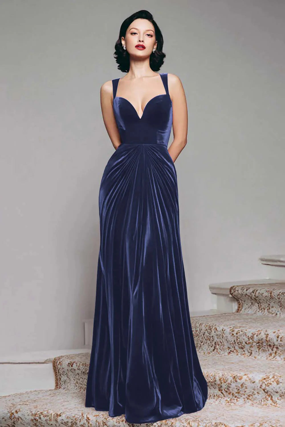 Black Velvet A Line Thick Straps Ruched Maxi Holiday Party Dress