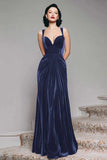 Black Velvet A Line Thick Straps Ruched Maxi Holiday Party Dress
