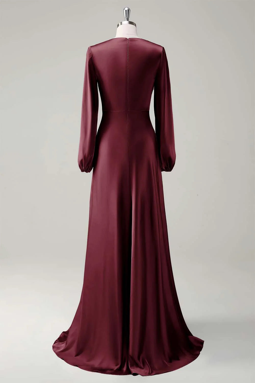 Agave A Line Round Neck Satin Long Bridesmaid Dress with Long Sleeves