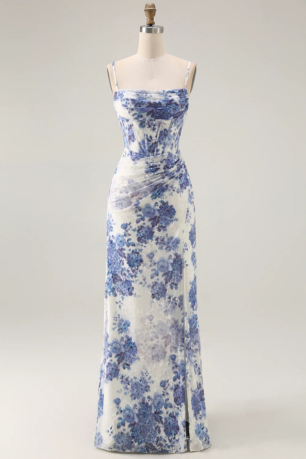Blue Sheath Corset Floral Burnout Streamer Long Bridesmaid Dress with Slit