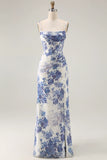 Blue Sheath Corset Floral Burnout Streamer Long Bridesmaid Dress with Slit