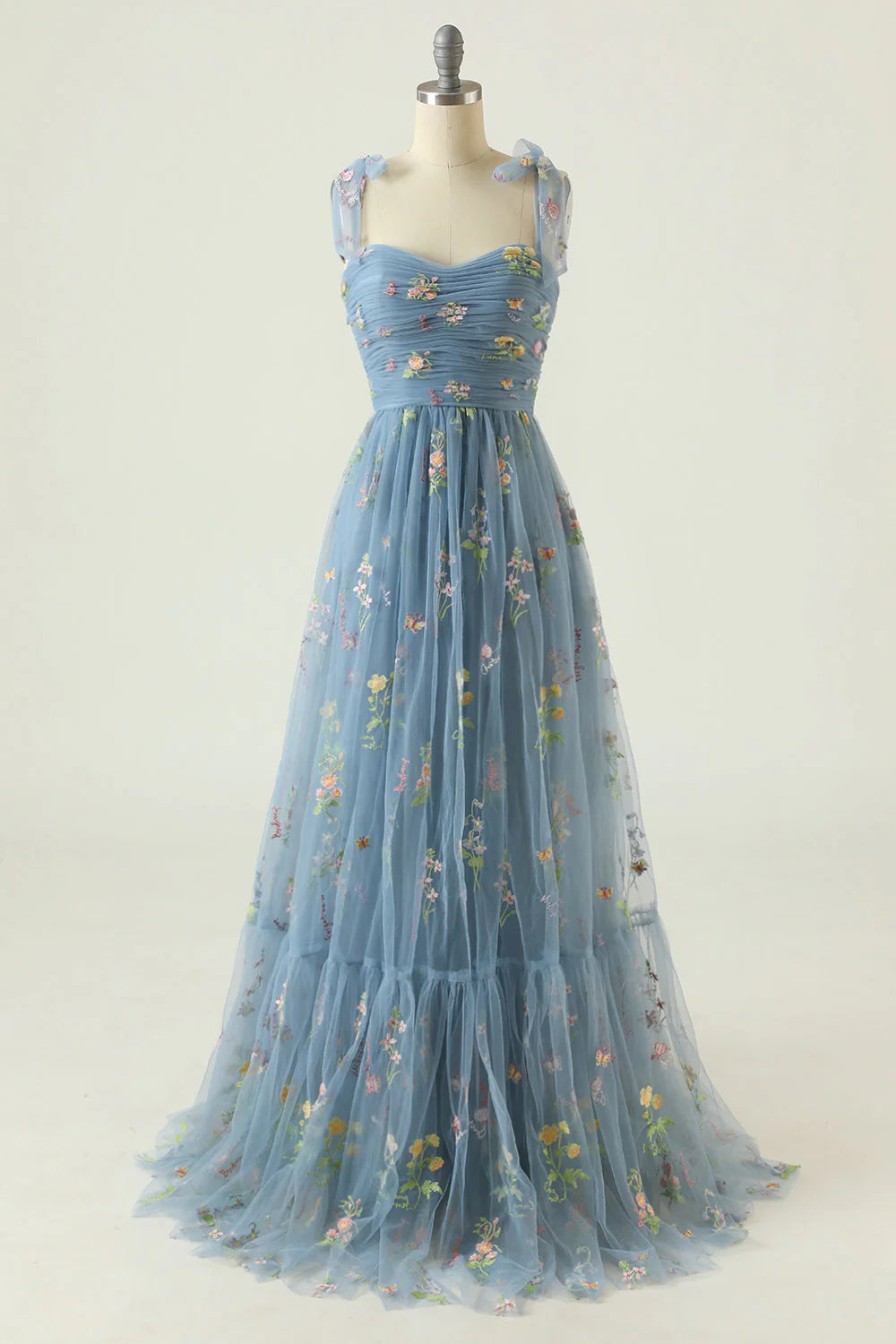 Green Tulle A Line Spaghetti Straps Floral Long Prom Dress With Embroidery