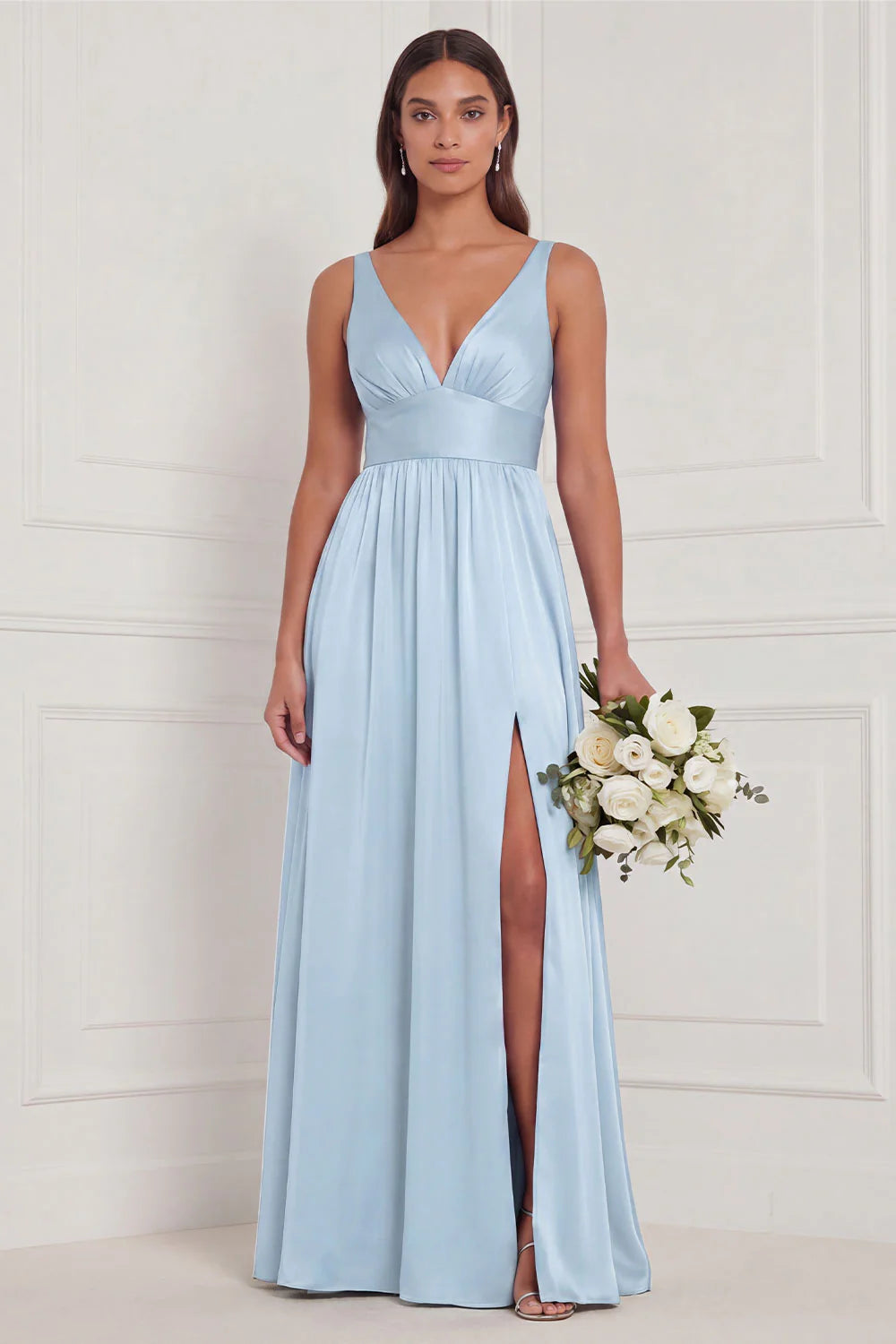 Dusty Blue A Line V Neck Bridesmaid Dress with Slit