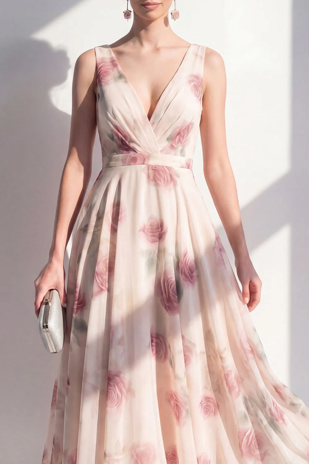 Blush Floral A Line V Neck Midi Wedding Guest Dress