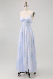 Blue Flower A Line Spaghetti Straps Backless Bridesmaid Dress