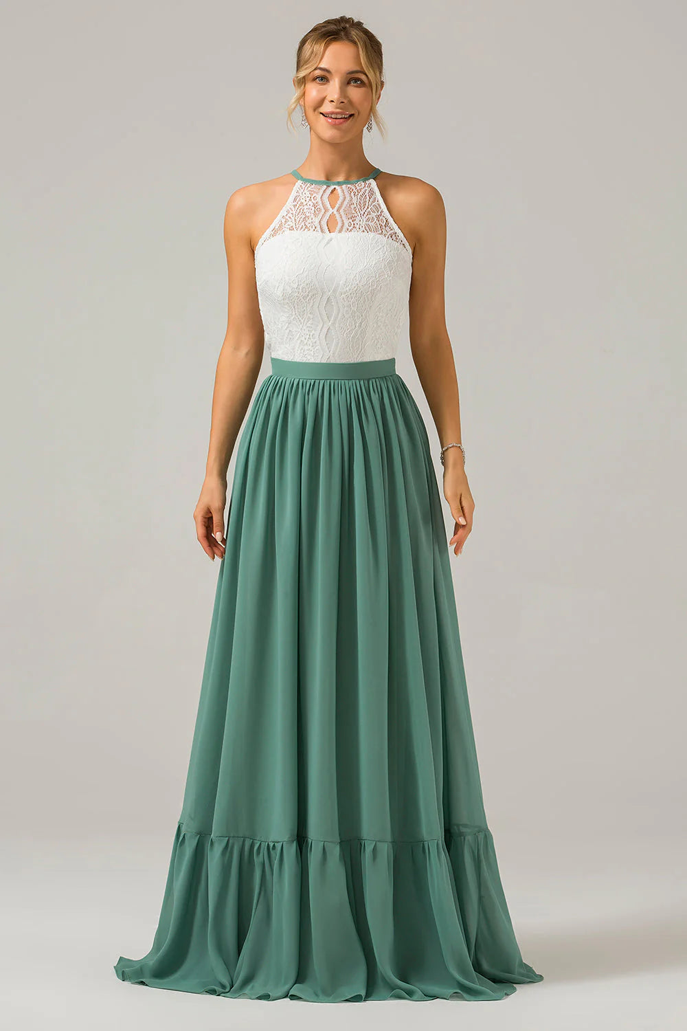 A Line Halter Pleated Keyhole Chiffon Bridesmaid Dress With Lace