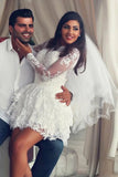 A Line Illusion Neck Lace Applique Long Sleeves Short Mini Wedding Dresses