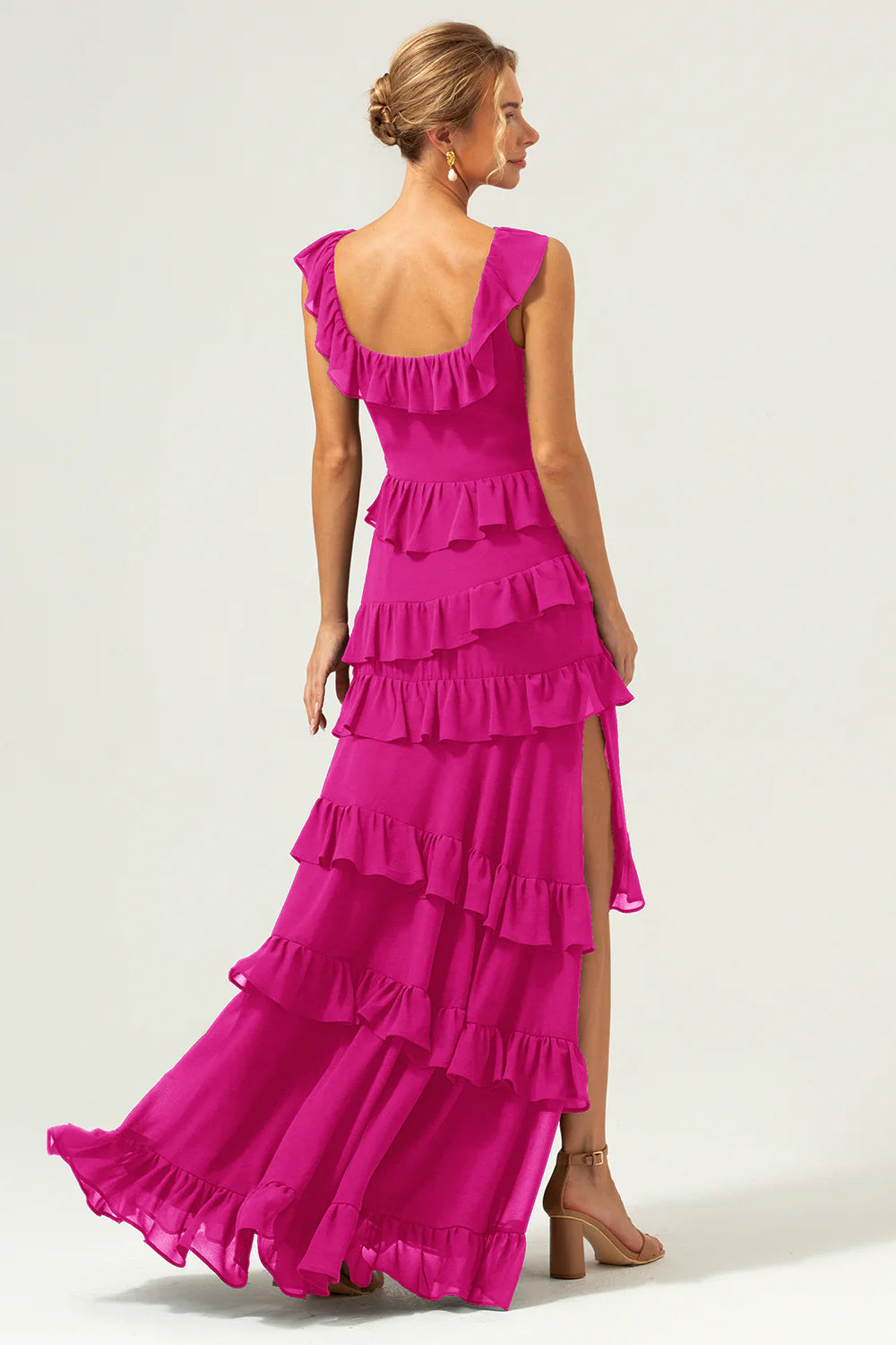 Dark Navy A Line Square Neck Tiered Long Bridesmaid Dress