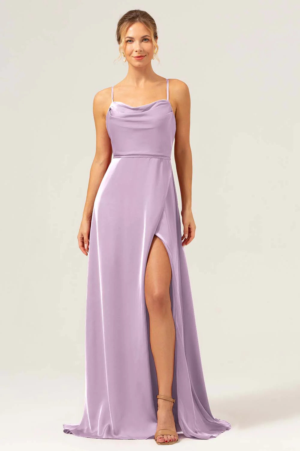 Dark Navy A Line Cowl Neck Long Satin Bridesmaid Dress with Slit