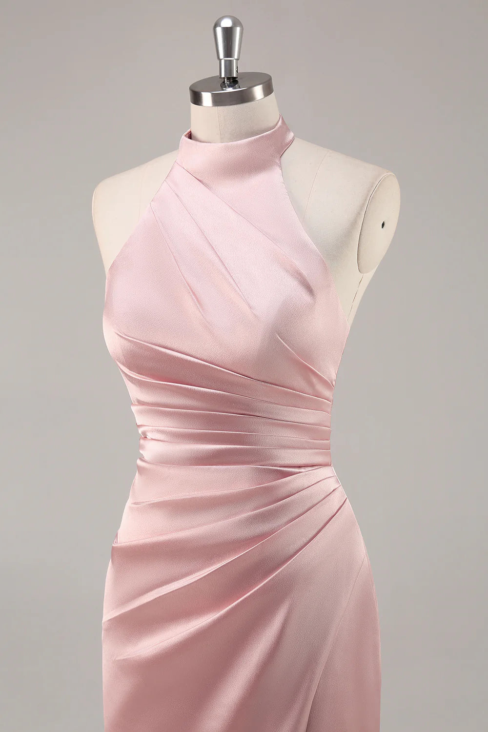 Sage Green Sheath Satin Ruched Backless Long Bridesmaid Dress with Slit