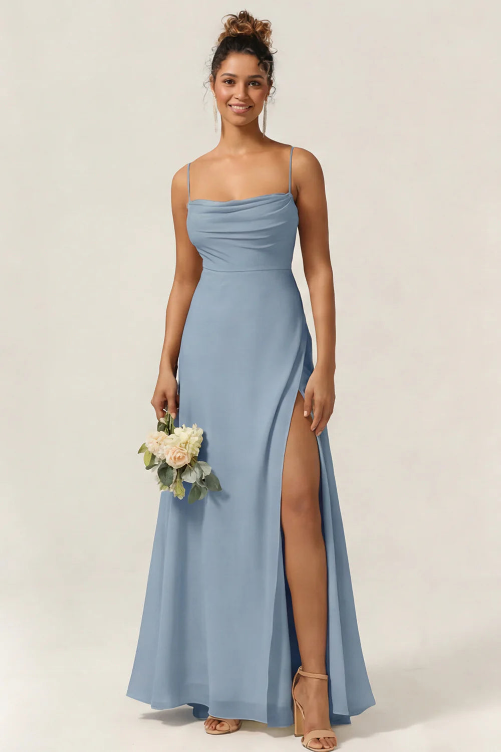 Blue Flower A Line Spaghetti Straps Chiffon Long Bridesmaid Dress with Slit