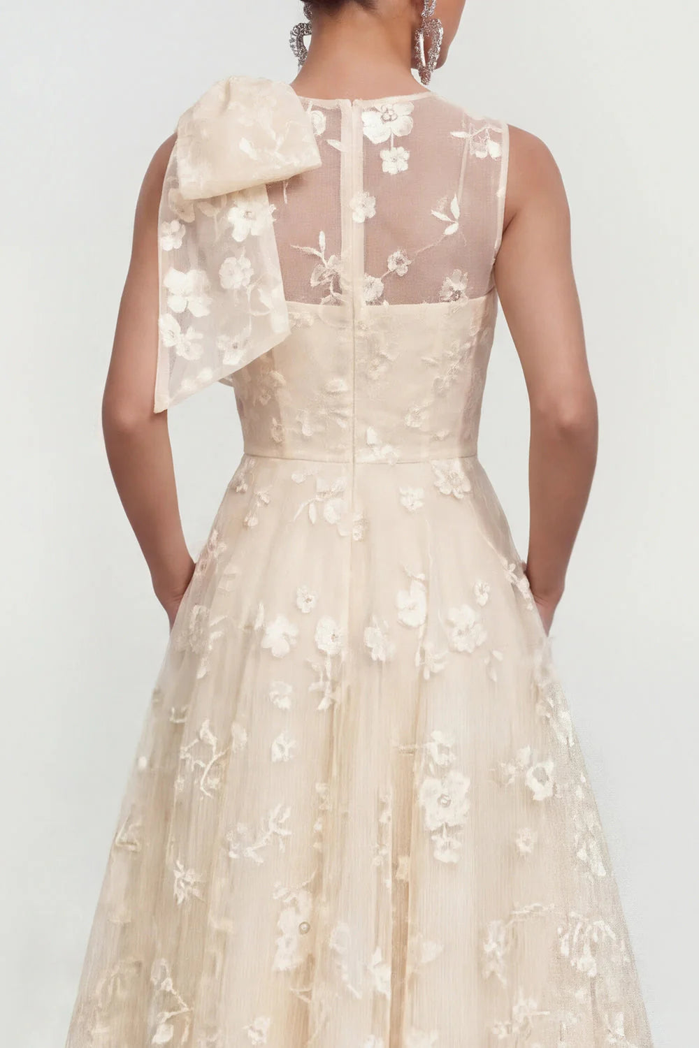 Floral Apricot A Line Bowed Midi Wedding Guest Dress