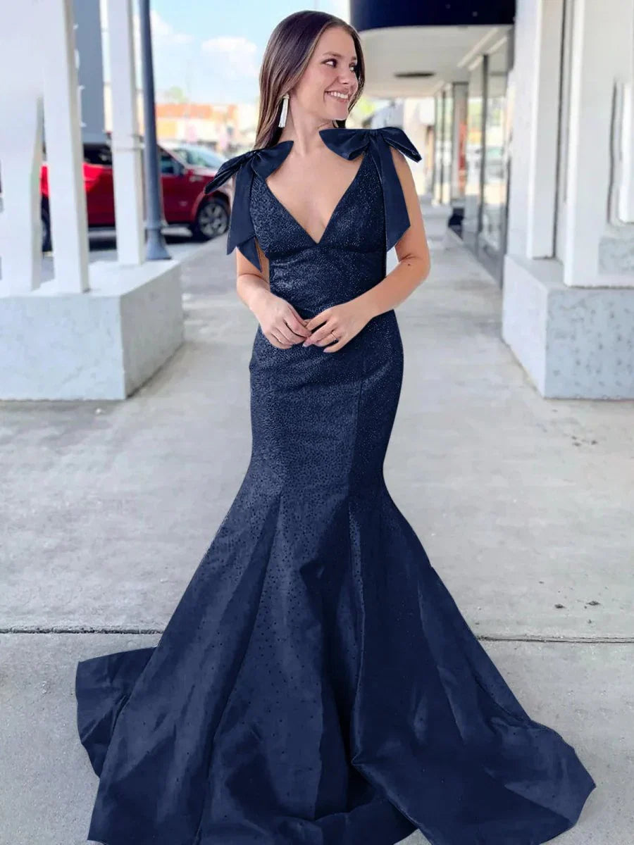 Sky Blue V Neck Mermaid Satin Long Prom Dress With Bow
