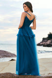 Dark Blue A Line Spaghetti Straps Ruched Long Tulle Bridesmaid Dress