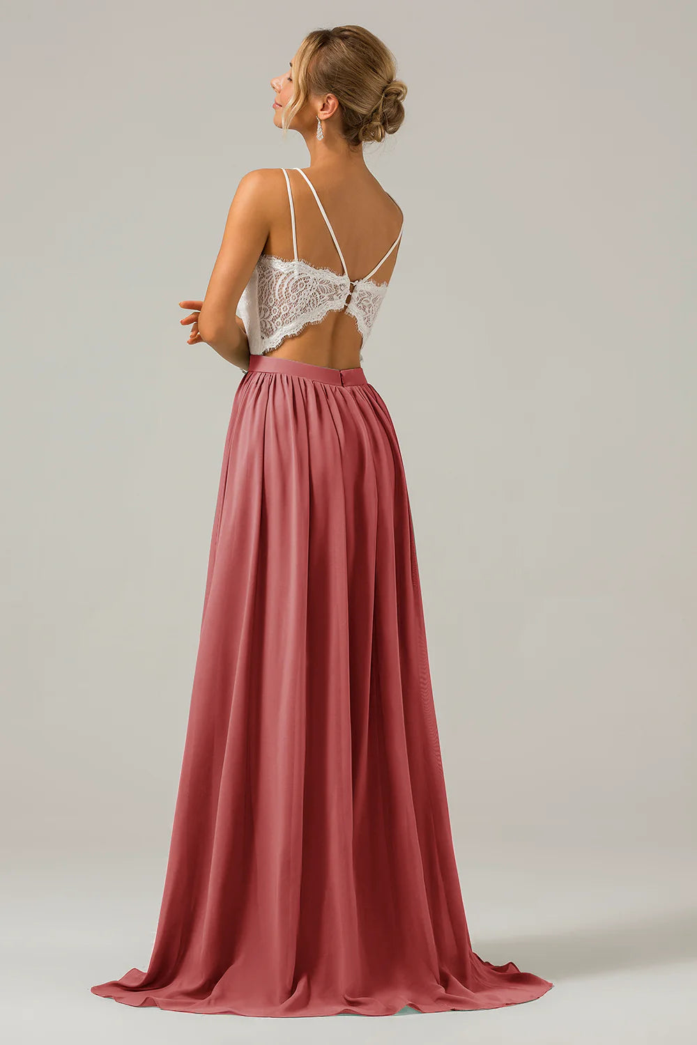 A Line Spaghetti Straps Pleated Long Bridesmaid Dress With Lace