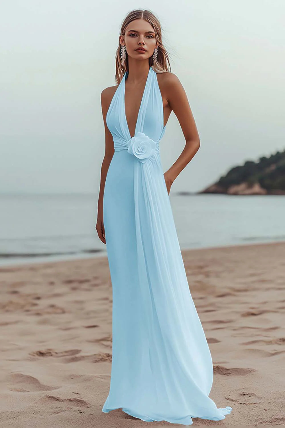 White A Line V Neck Engagement Dress With 3D Flowers