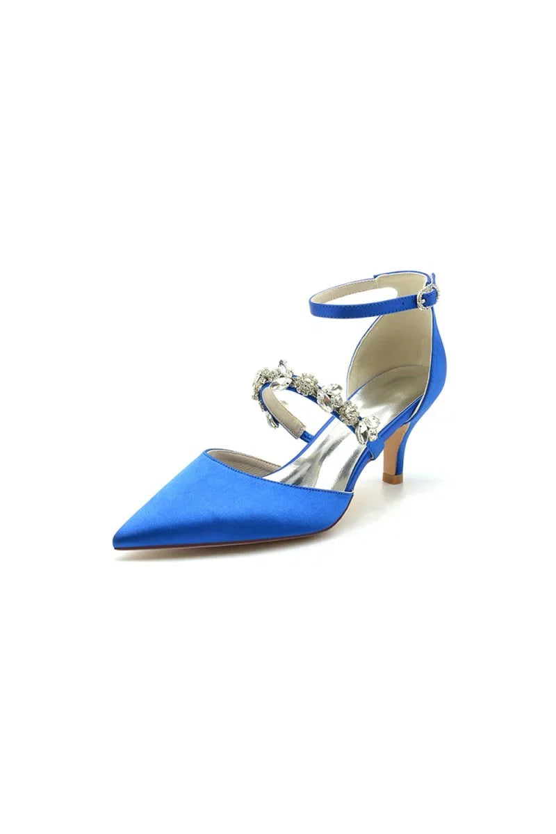 Crystal Strap Pointed Toe Satin Kitten Heels