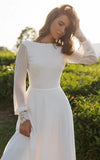 Modest A Line Long Sleeve Floor Length Train Simple Casual Chiffon Bateau V Back Wedding Dress