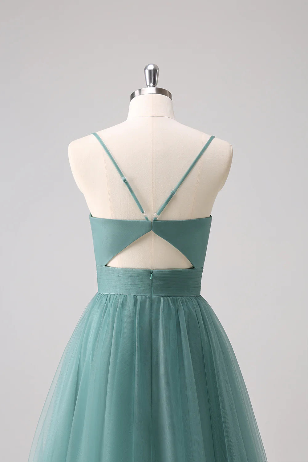 A Line Spaghetti Straps Ruched Floor Length Eucalyptus Bridesmaid Dress