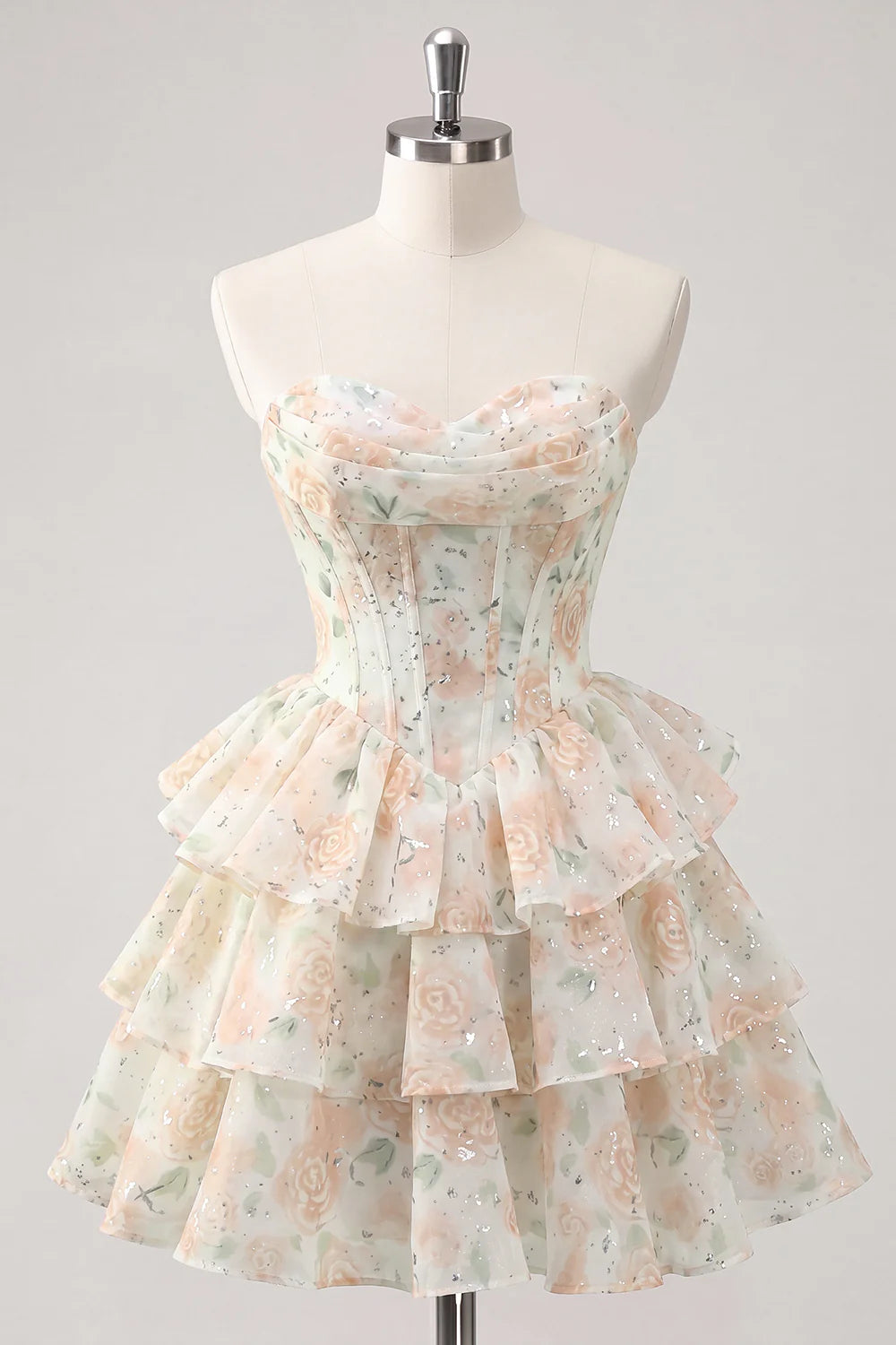Strapless Floral A Line Sequin Corset Pink Homecoming Dress