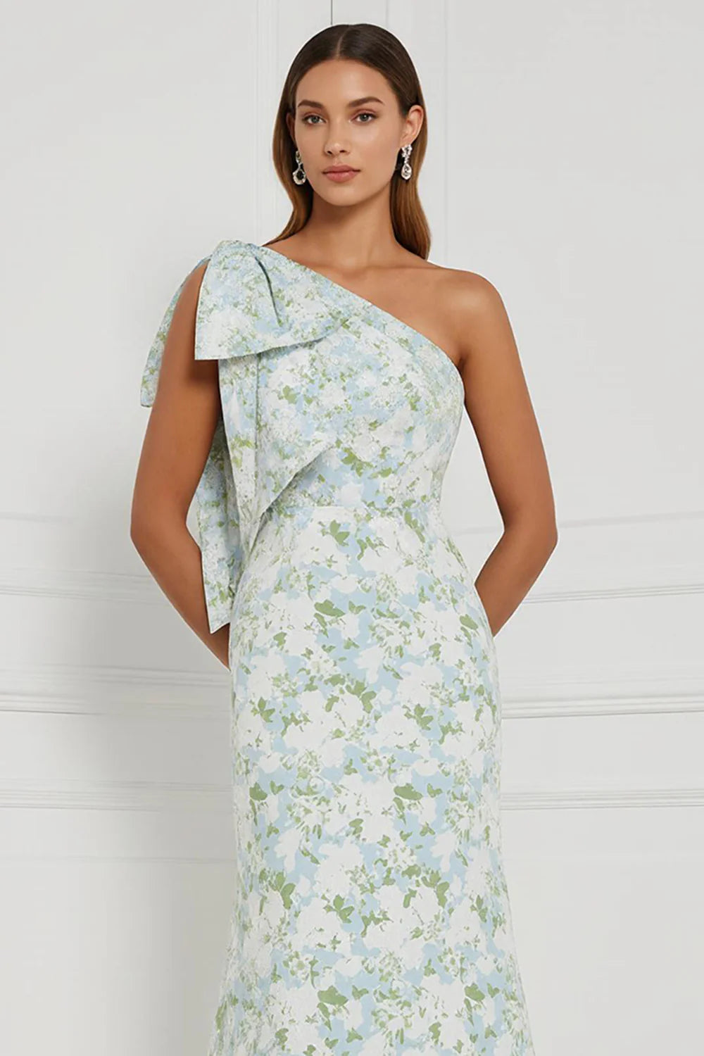 Blue White Flower Mermaid One Shoulder Print Long Bridesmaid Dress with Bow