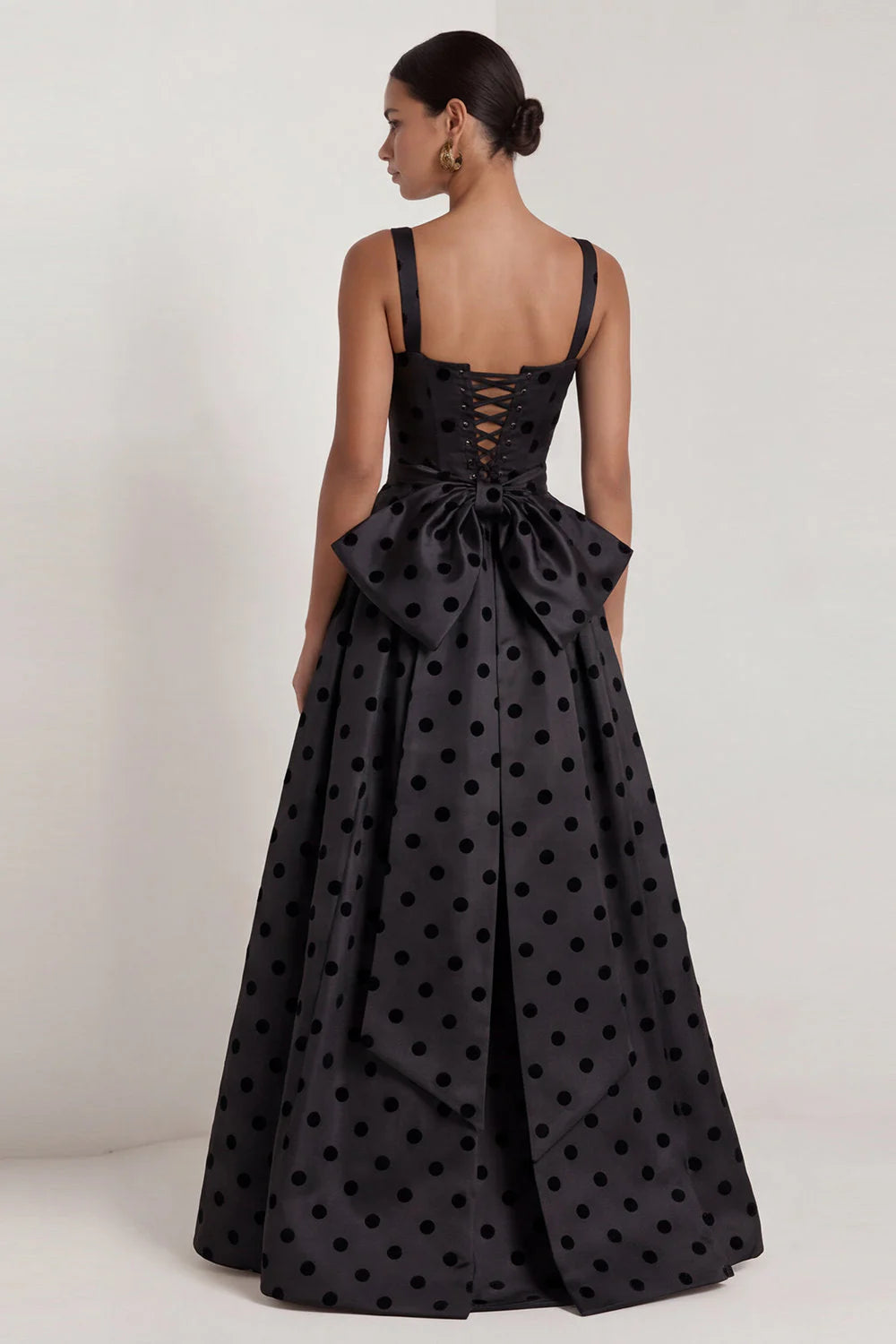 Black A Line Polka Dot Maxi Formal Dress with Bow