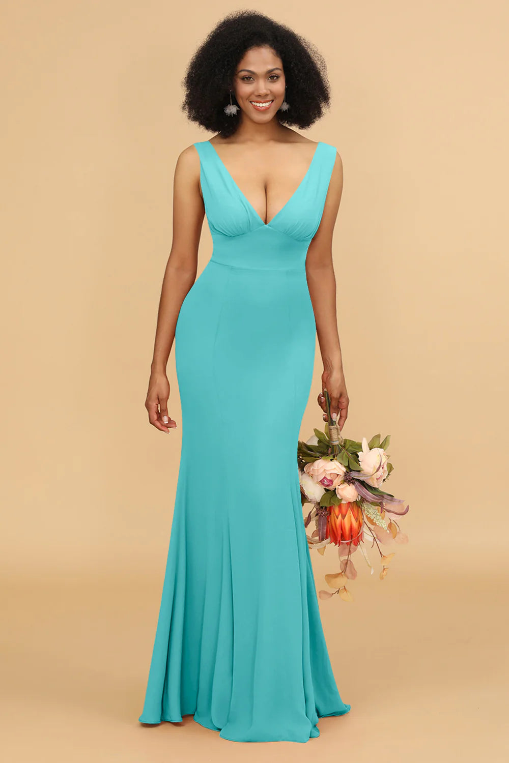 Mermaid V neck Open Back Long Chiffon Bridesmaid Dress With Ruffles