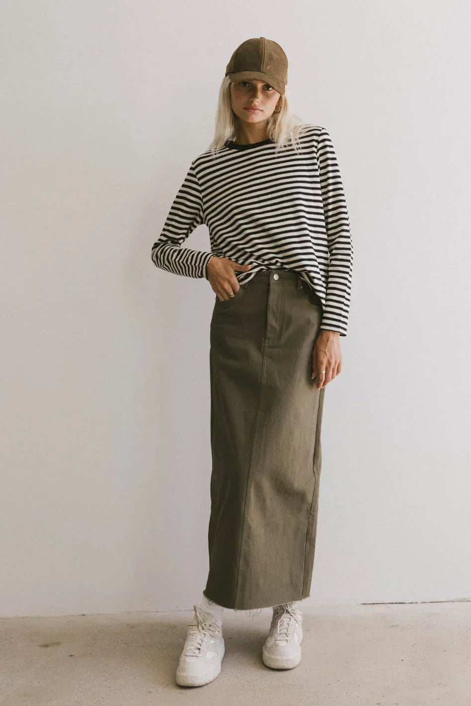 Rylie Denim Maxi Skirt in Olive FINAL SALE