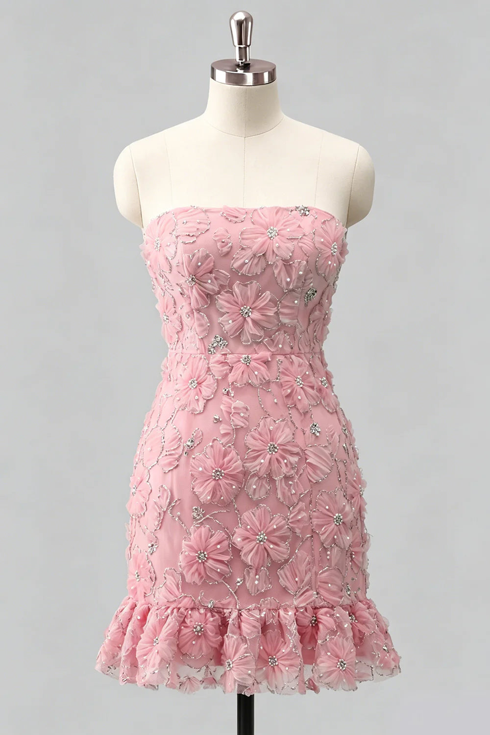 Light Blue Strapless Bodycon Beaded Short Homecoming Dress with 3D Flowers