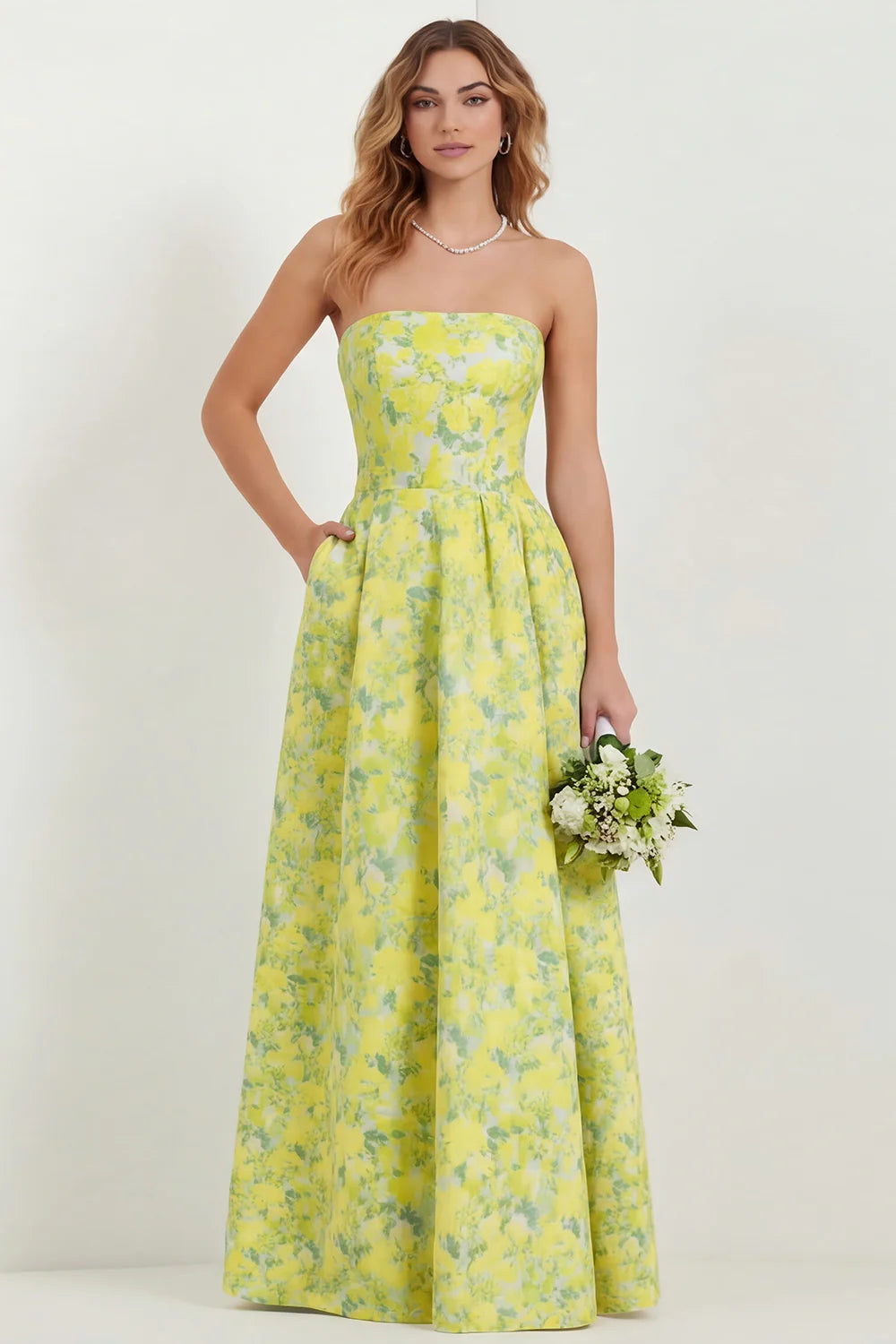 Blue Strapless Print A Line White Floral Long Satin Dress with Pockets