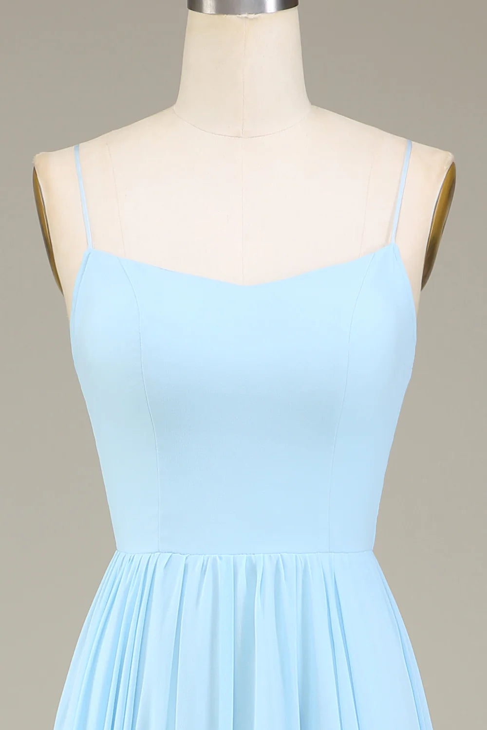 Sky Blue A Line Spaghetti Straps Chiffon Long Bridesmaid Dress