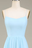 Sky Blue A Line Spaghetti Straps Chiffon Long Bridesmaid Dress