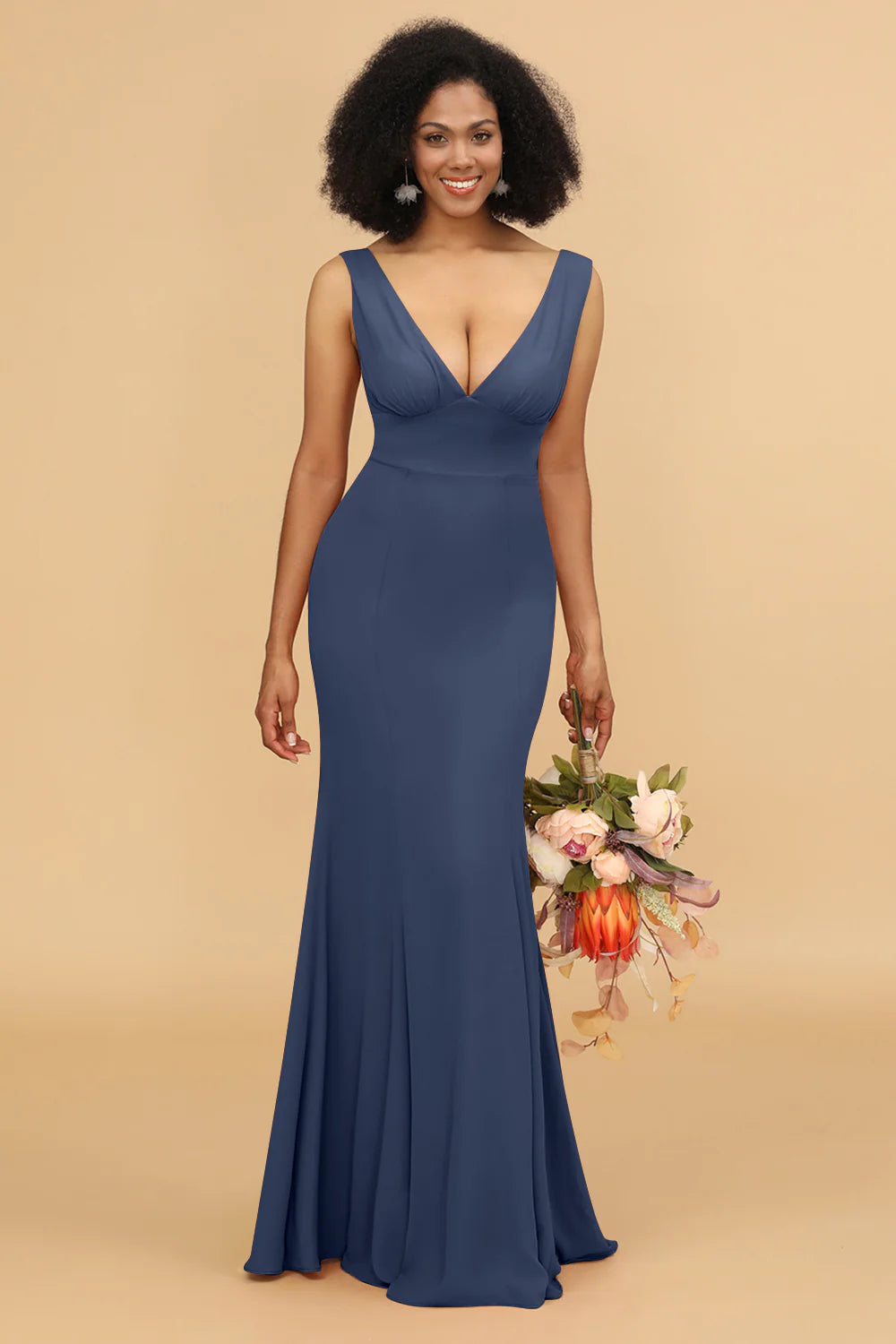 Mermaid V neck Open Back Long Chiffon Bridesmaid Dress With Ruffles