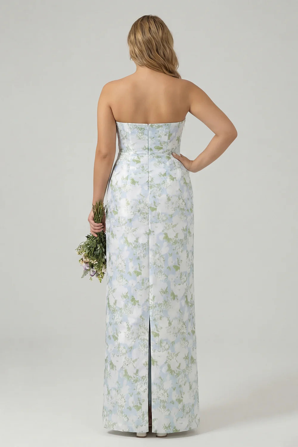 Floral Blue White Sheath Strapless Back Slit Satin Plus Size Bridesmaid Dress with Pockets