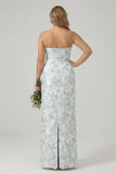 Blue Sheath Strapless White Floral Back Slit Satin Maxi Dress with Pockets
