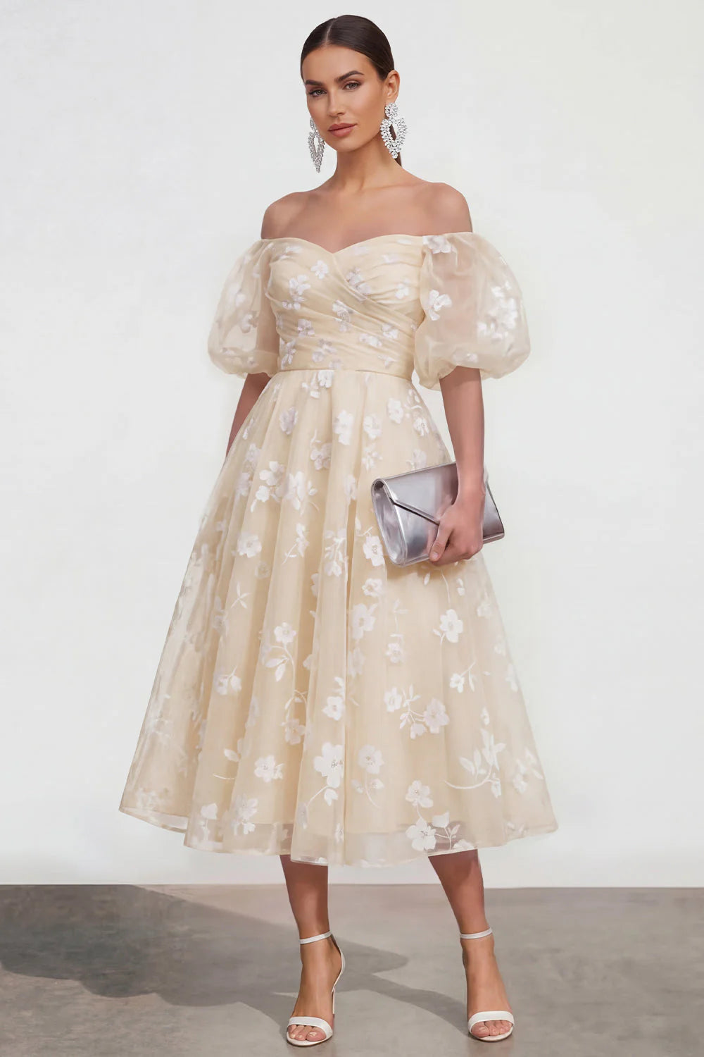 Off the Shoulder Floral Lilac Ruched A Line Wedding Guest Dress