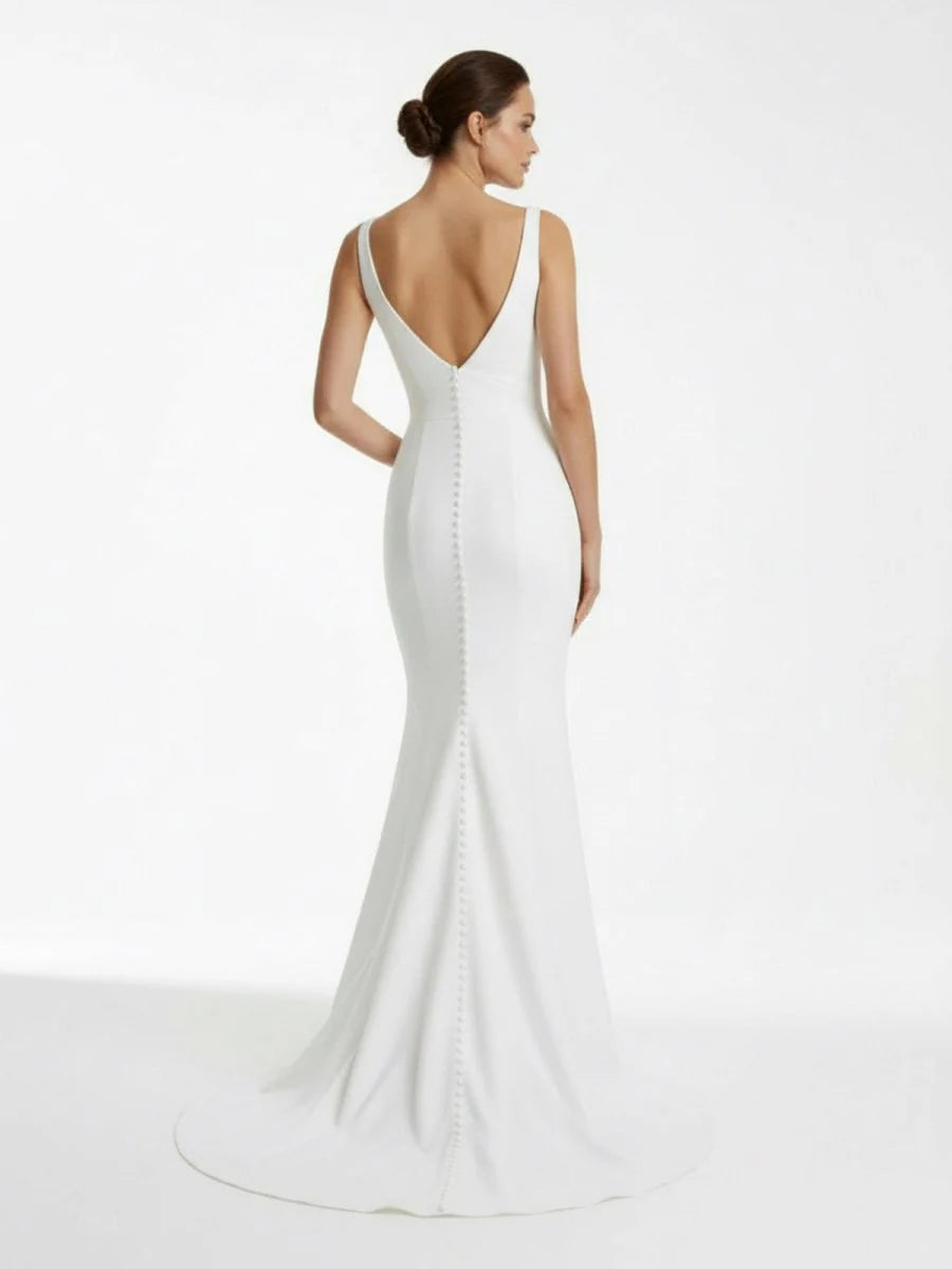 Ivory Plunge V Open Back Mermaid Long Wedding Dress