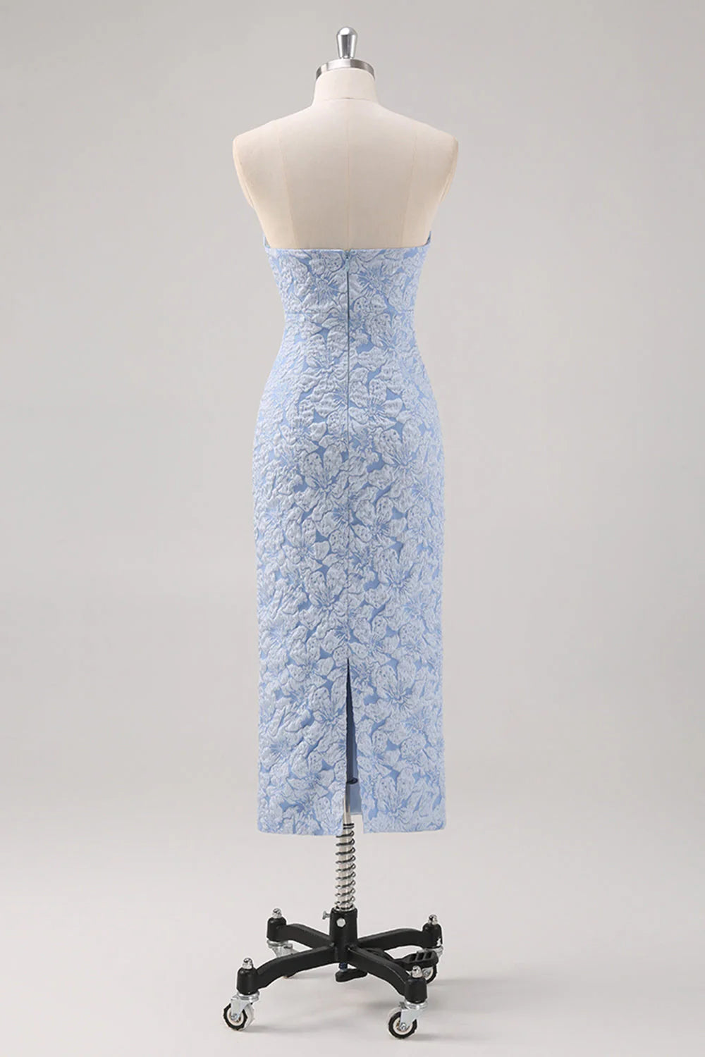 Simple Blue Floral Sheath Tea Length Brocade Formal Dress with Puff Sleeves