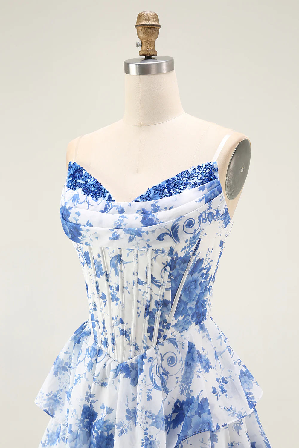 Strapless White Blue Flower A Line Tiered Corset Long Prom Dress with Slit