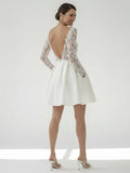 Simple A Line Short Knee length Satin Lace Bateau Long Sleeve Wedding Dress