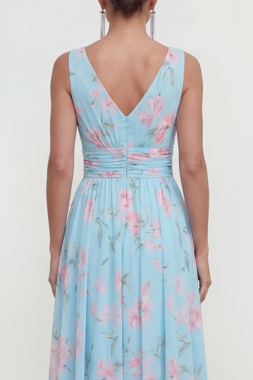 Floral A Line V Neck Sleeveless Blue Wedding Guest Dress