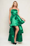 STRAPLESS GREEN SATIN MAXI DRESS WITH HIGH LOW HEM